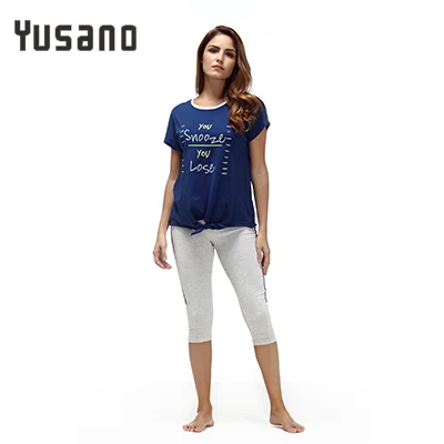 Blue Yusano пижамный комплект из хлопка с круглым вырезом короткий рукав пижамы Для женщин Повседневное Письмо печати Топы Корректирующие+ до середины икры Длина Брюки Домашняя одежда - Цвет: Blue