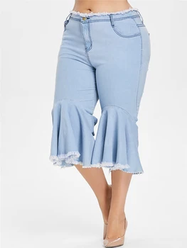 

Large size New 2019 Summer Flare Jeans Pants Women Ruffle Frayed Hem Pants Denim Wide Leg Jeans Plus Size