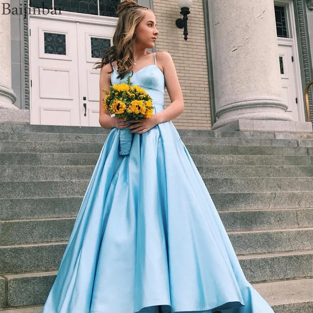 

Baijinbai Vestidos De Gala Prom Dresses Long Spaghetti Straps A-Line Formal Party Dress Evening Gowns Satin With Corset Backless
