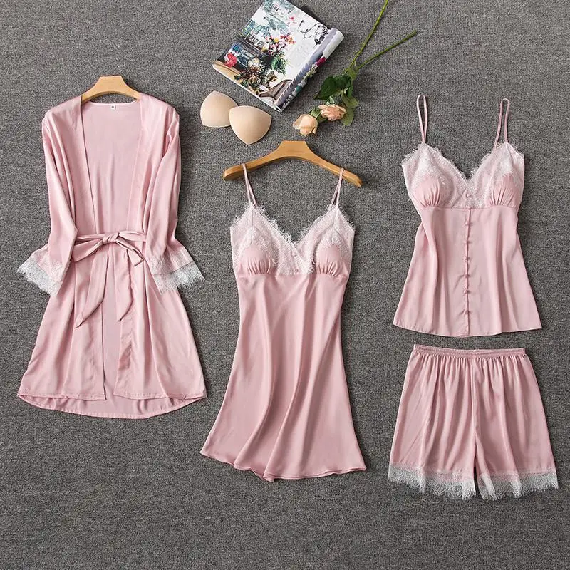 Однотонная Повседневная Женская одежда для сна с длинными рукавами,, кружевная отделка, искусственный шелк, 4 шт., кимоно, платье, Атласный халат, халаты, одежда для сна - Цвет: Pink 4PCS