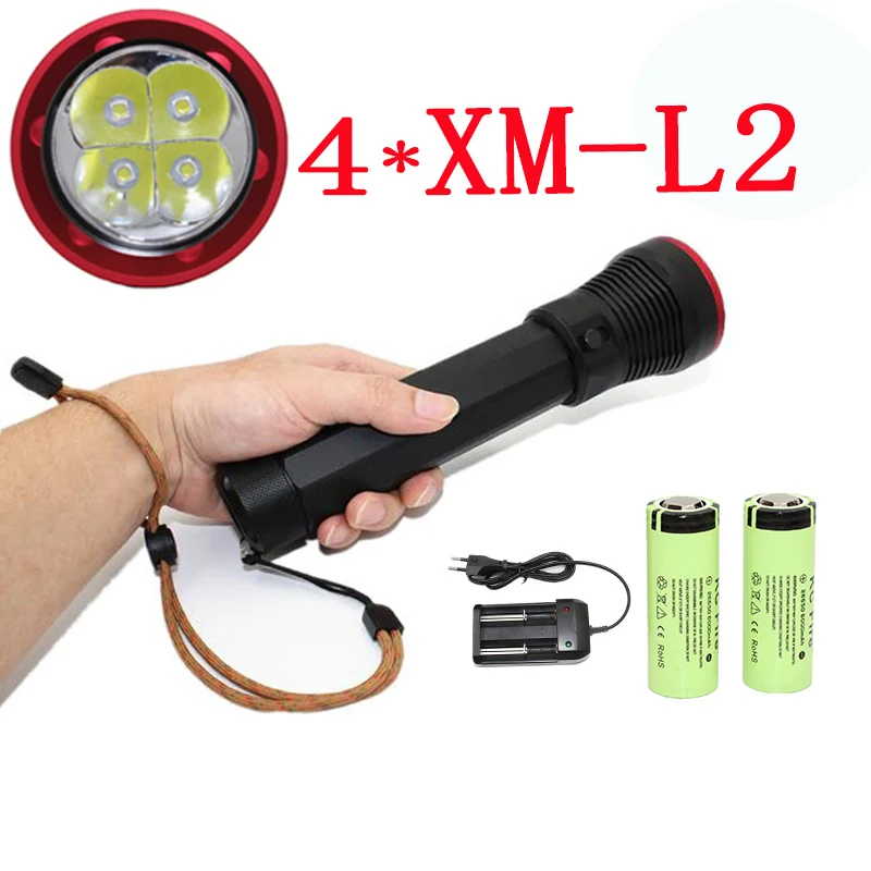 

Scuba Torch Diving Light 4x XM-L2 LED Dive Flashlight Underwater Waterproof Lanterna Lamp +26650 battery + Charger