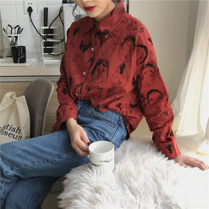  Women Graffiti Blouses Casual Shirts White Long Sleeves Turn Down Collar Casual Loose Shirt Tops Fe