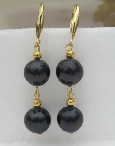 

14k/20 yellow gold AAA+ 9-10mm round natural black pearl dangle earrings