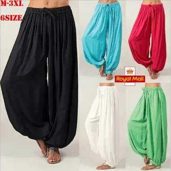 

New Casual Women Loose Pants Lace Up High Waist Female HAREM TROUSERS Pants Aladdin Afghan Genie Hippy Cotton