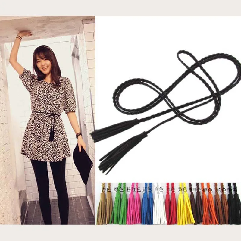 hand knit long leather designer braid waist belt with tassel party