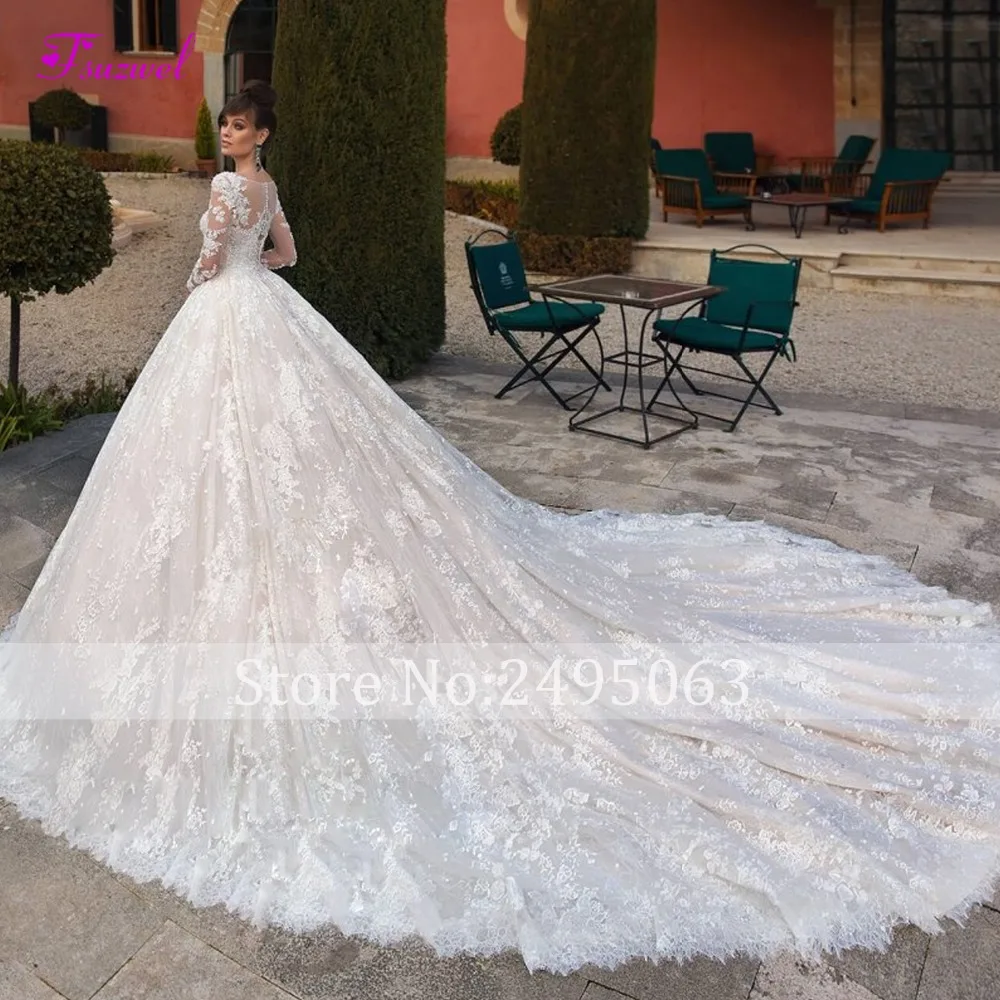 Гламурные Аппликации Королевский Шлейф кружева А-силуэта свадебное платье Мода Совок шеи с длинным рукавом бисером невесты платье Vestido de Noiva