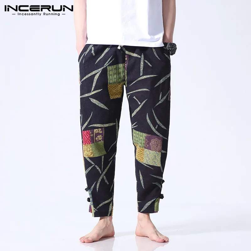 Navy Pants INCERUN Мужские штаны-шаровары в китайском стиле с этническим принтом, свободные хлопковые уличные брюки с эластичной талией, мужские повседневные штаны в стиле хип-хоп - Цвет: Navy Pants