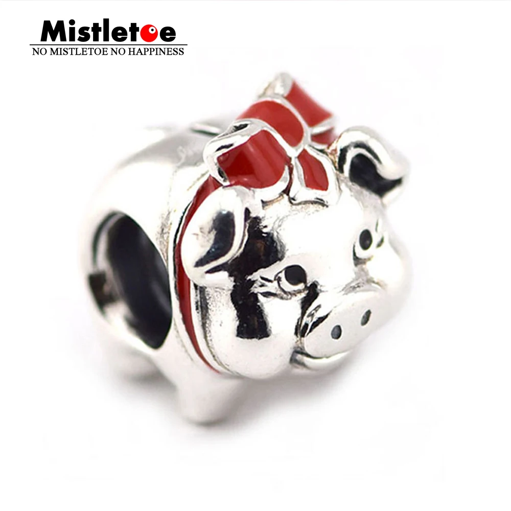 

Authentic 925 Sterling Silver Piggy bank Red Enamel Bow Thread Hole Charm Bead Fit European Bracelet Jewelry