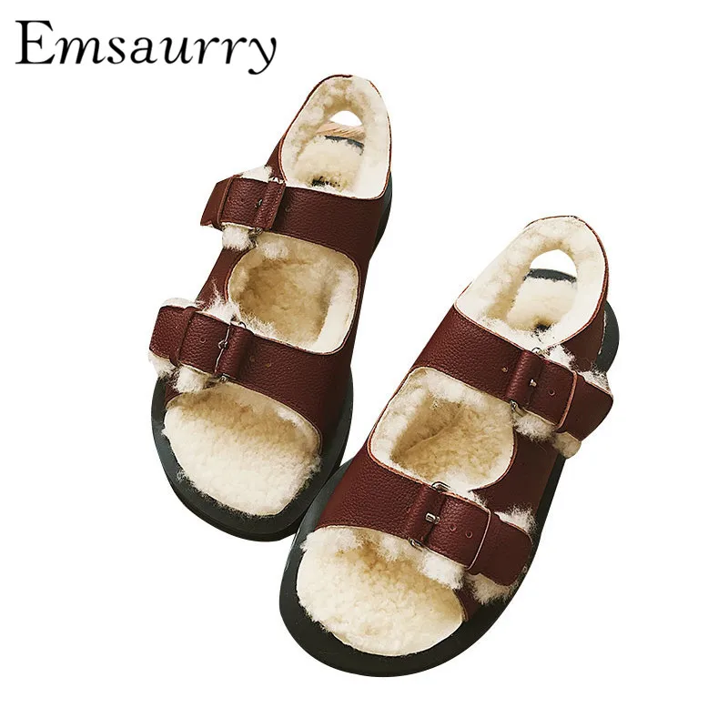 

New Chic Autumn Winter Wool Sandals Women Studded Buckle Fur Embossed Leather Sandalias Zapatas De Mujer