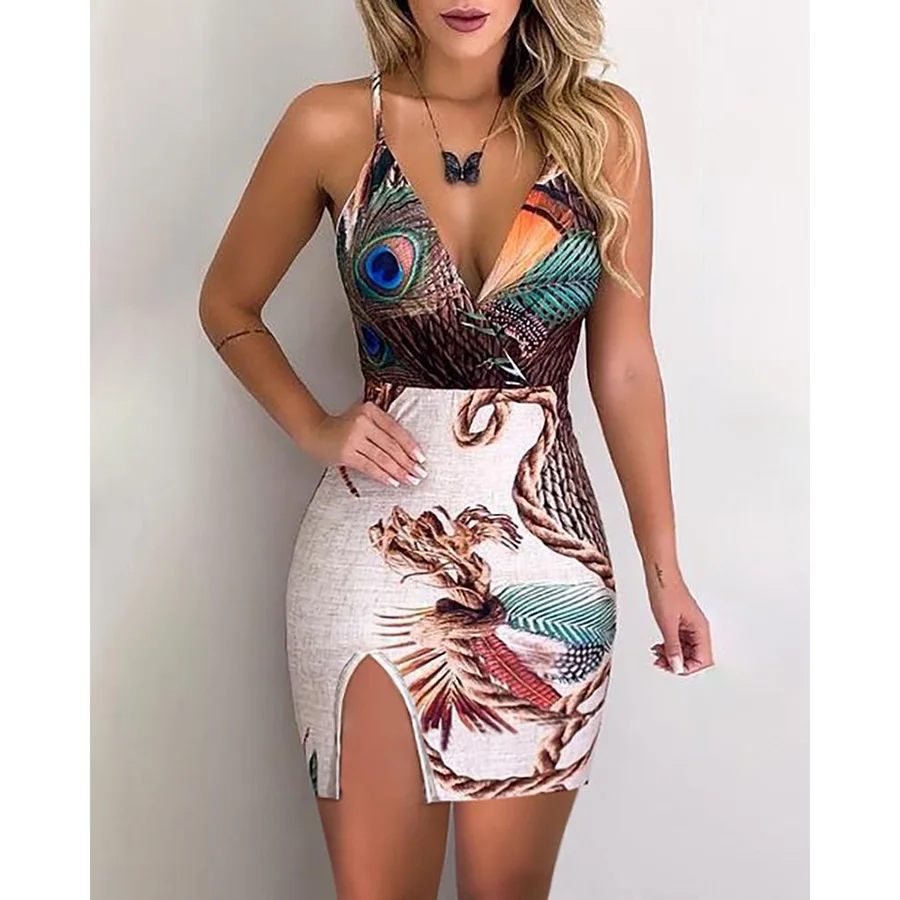 

2019 summer new peacock feather print dress women's sexy V-neck tight-fitting halter strap dress