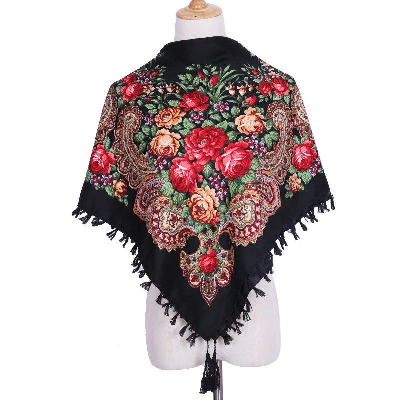  Luxury Brand Print 90cm Square Scarves Blanket Russian Women Wedding Tassel Scarf Retro Style Cotto