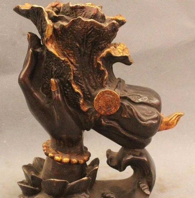 

9" China Chinese Buddhism Bronze Wealth Lotus Flower Buddha Hand Cabbage Statue