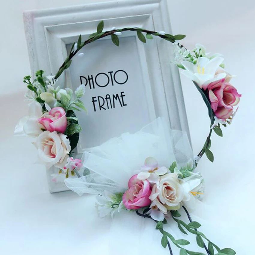 

Bride Wedding Hair Crown Flower Wreath With Long White Lace Veil Women Girls Hairband Garlands Ladies Flower Headpiece
