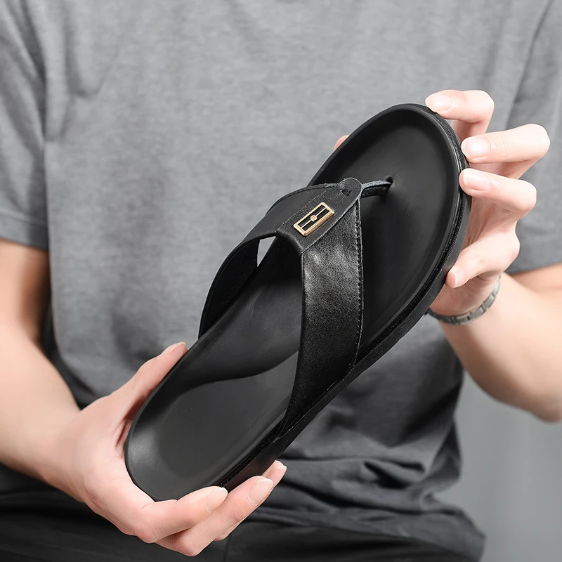 

Cow Leather Men Beach Slippers Fashion Flip Flops With Soft Sole Trendy Breathable Easy To Match Men Summer Shoes C4