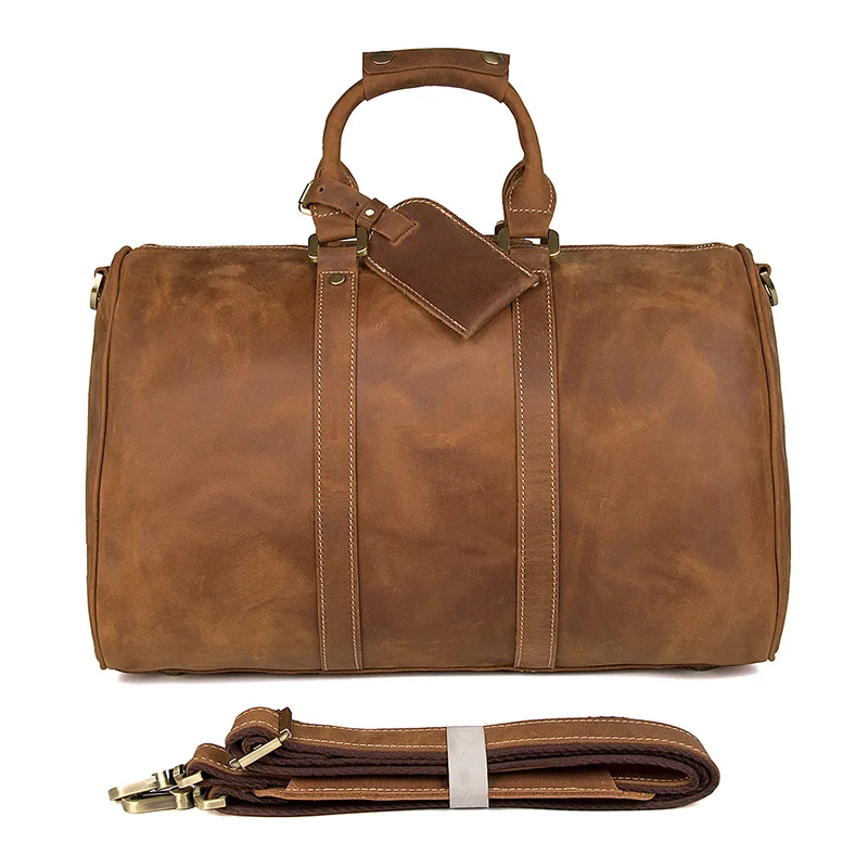 

Men genuine leather travel bag durable crazy horse leather travel duffel big capacity Overnight large shoulder weekend bag