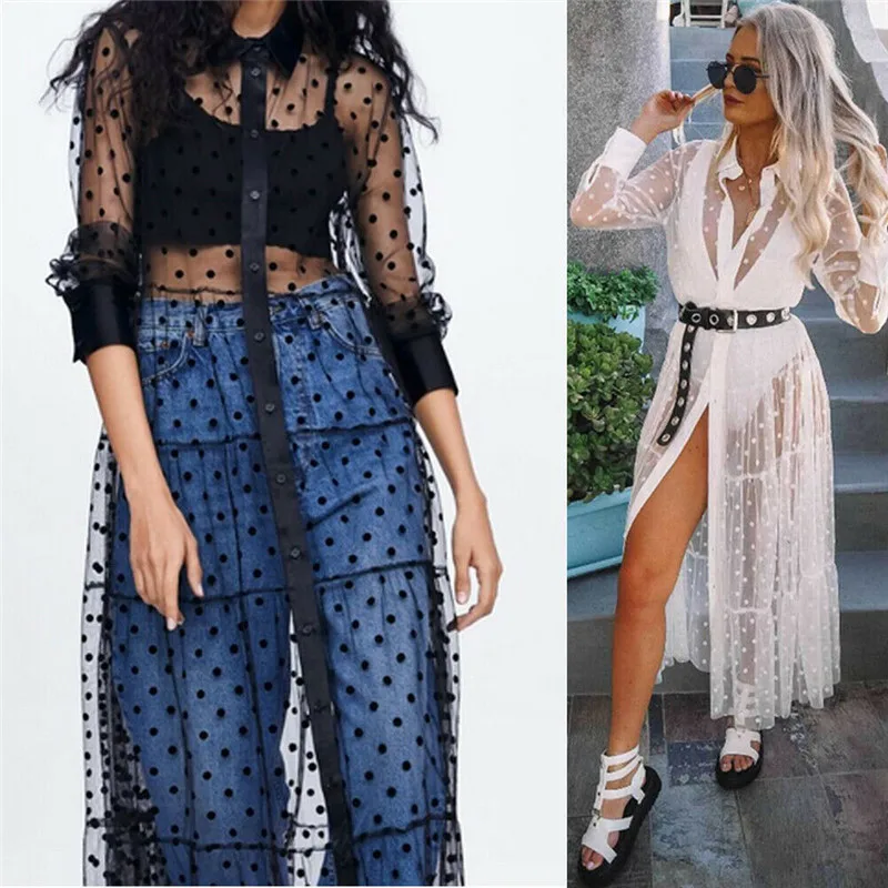 

Women Mesh Sheer V Neck Long Maxi Dress Bikini Set Cover Ups See-through Party Clubwear Beachwear Long Sleeve Dot Shirt Dress