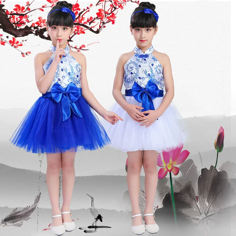 

Girl jazz dance latin dance blue and white porcelain costumes children's performance fluffy skirt girls chorus dance dress