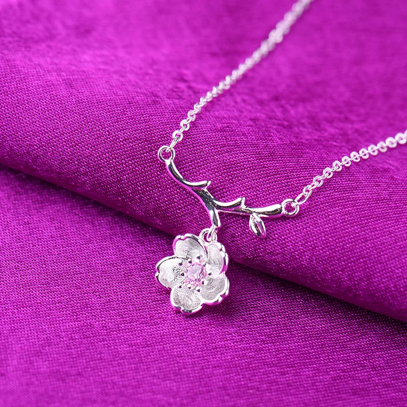

925 Sterling Silver Necklaces For Women Cherry blossoms Charm Necklaces & Pendants Jewelry Collar Colar de Plata DZ750