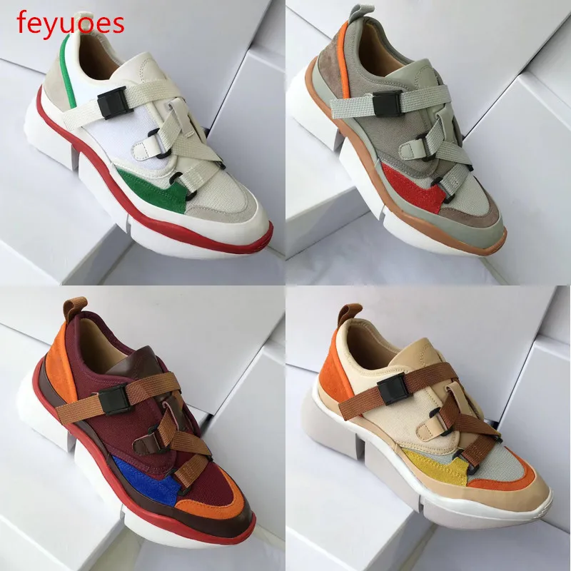 

women's new leather webbing sponge cake thick-soled color matching casual shoes outdoor trend sports shoes