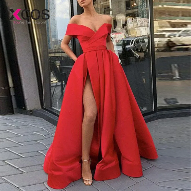 XCOS элегантные красные вечерние платья с открытыми плечами, атласное сексуальное платье для выпускного вечера, небесно-голубое платье с высоким разрезом размера плюс, платье для выпускного вечера es, длинное платье - Цвет: Красный