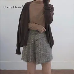 Cherry изящество винтажная клетчатая юбка пуговица Молния Линия мини-юбка женская осень-зима низ