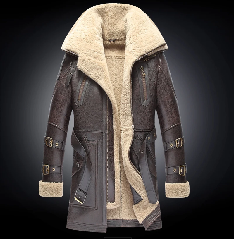 

2018 winter men's fashion lamb sheep fur sheepskin leather surface shearling wool lining middle long biker jacket coat