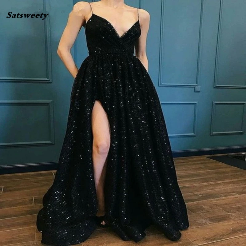 

Sparkly Black Sequined Long Prom Dresses Sexy Spaghetti Straps V-Neck Side Split Formal Mother of the Bride Dresses