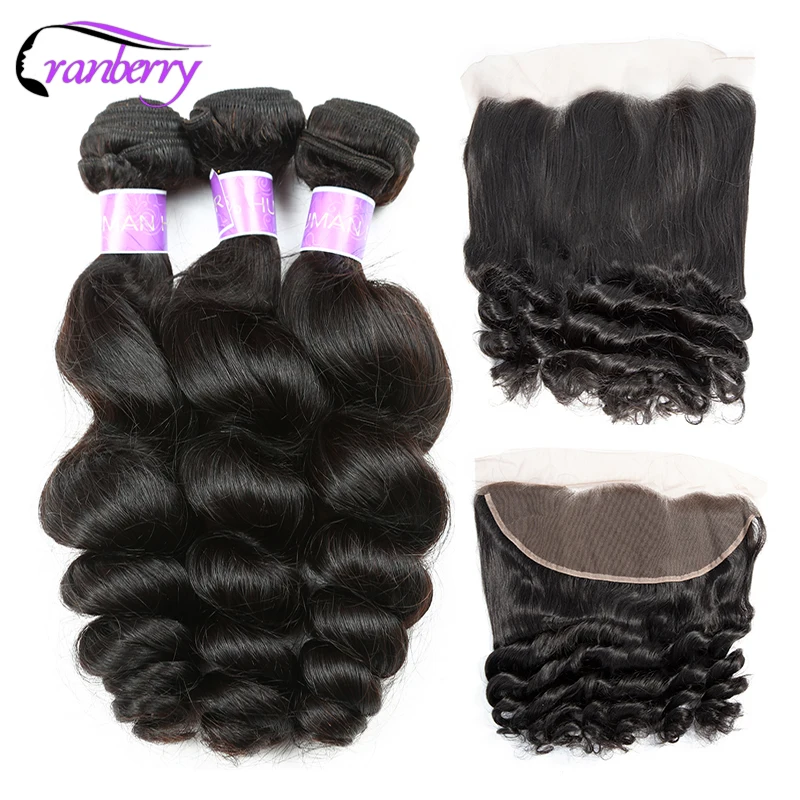 

Cranberry Non Remy Hair Brazillian Hair Bundles With Closure Loose Wave Bundles With Frontal 13*4 Ear To Ear Swiss Lace Closure