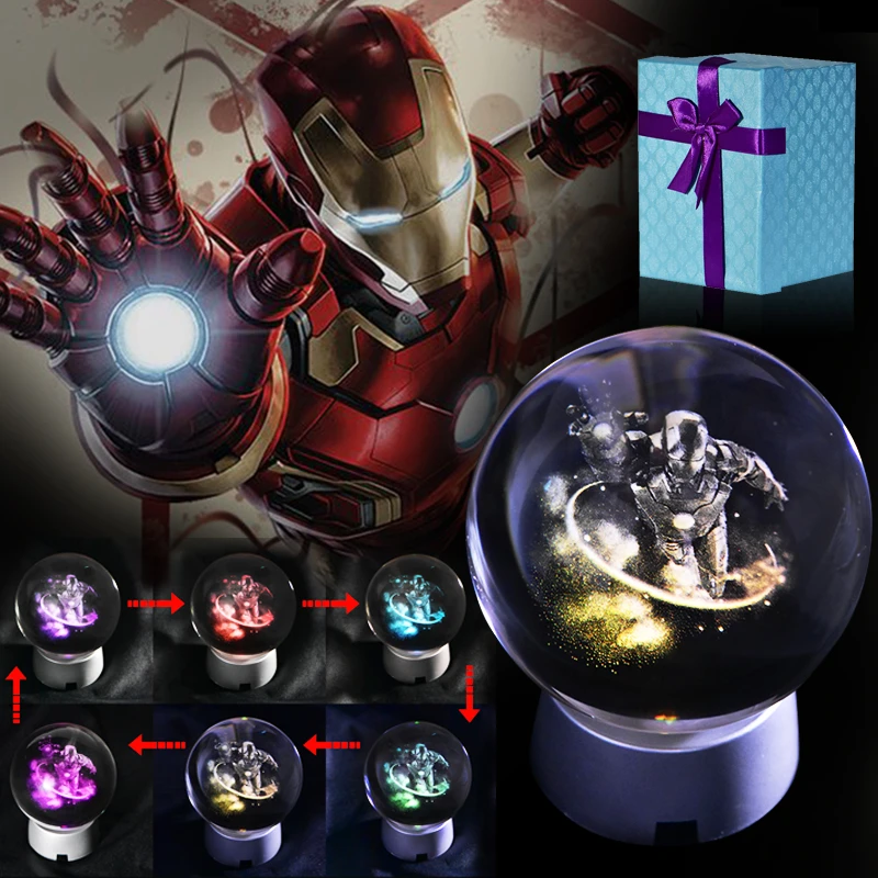 3D Iron Man Crystal Ball LED Light Laser Engraved Marvel Avengers Home Decor 