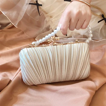 

Handbag Pearl Clutch Vintage Women Bride Wedding Totes Chain Satin Crossbody Shoulder Bag Champagne Draped Evening Party Bags