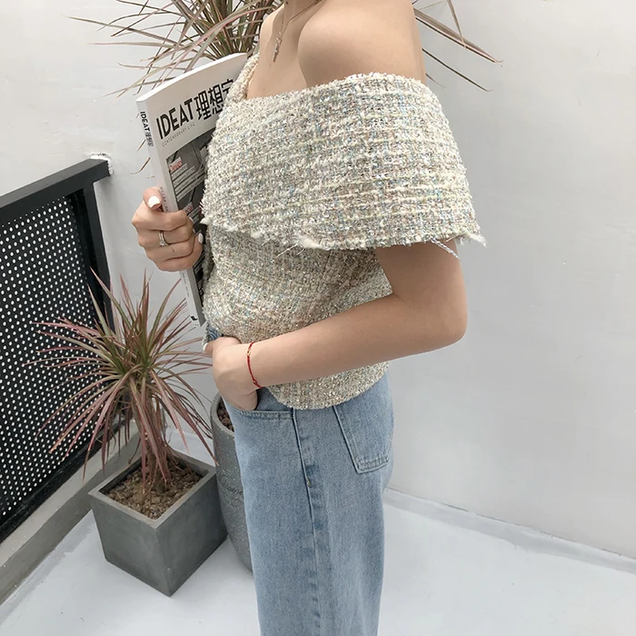 WHITNEY WANG 2019 Spring Summer Fashion Streetwear Sexy Slash neck Tweed Blouse Women blusas Shirt Tops