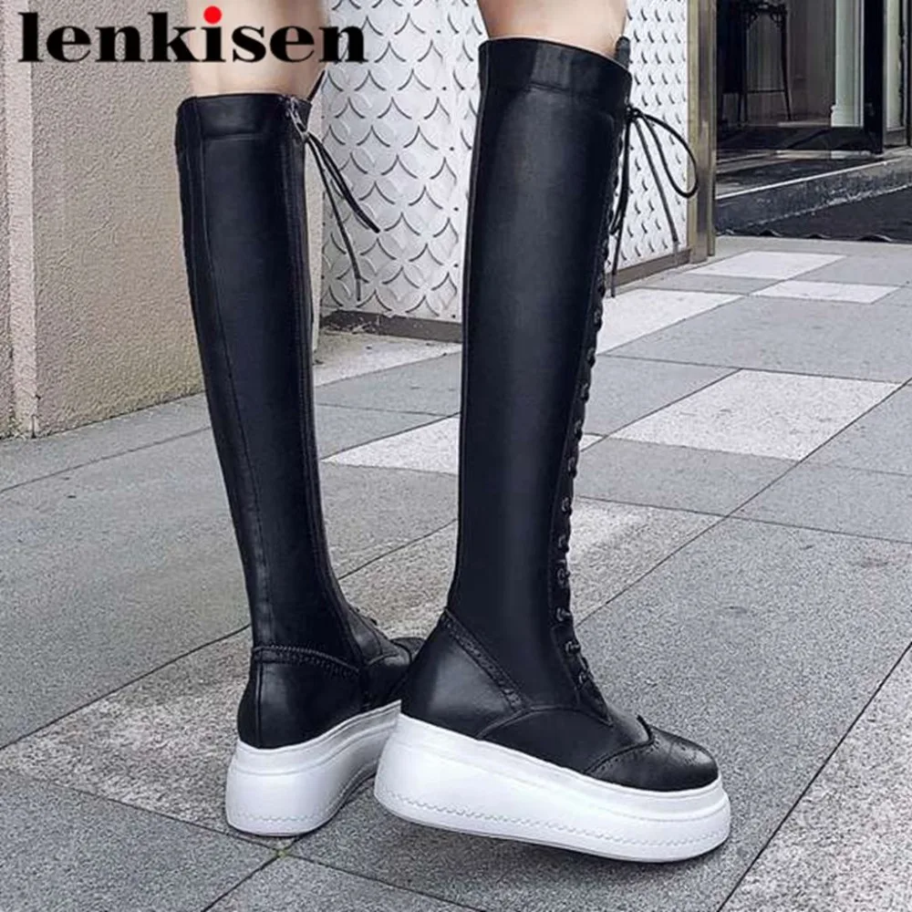 

Lenkisen high fashion knee-high boots vintage cow leather round toe concise platform med bottom younger motorcycle boots L8f4
