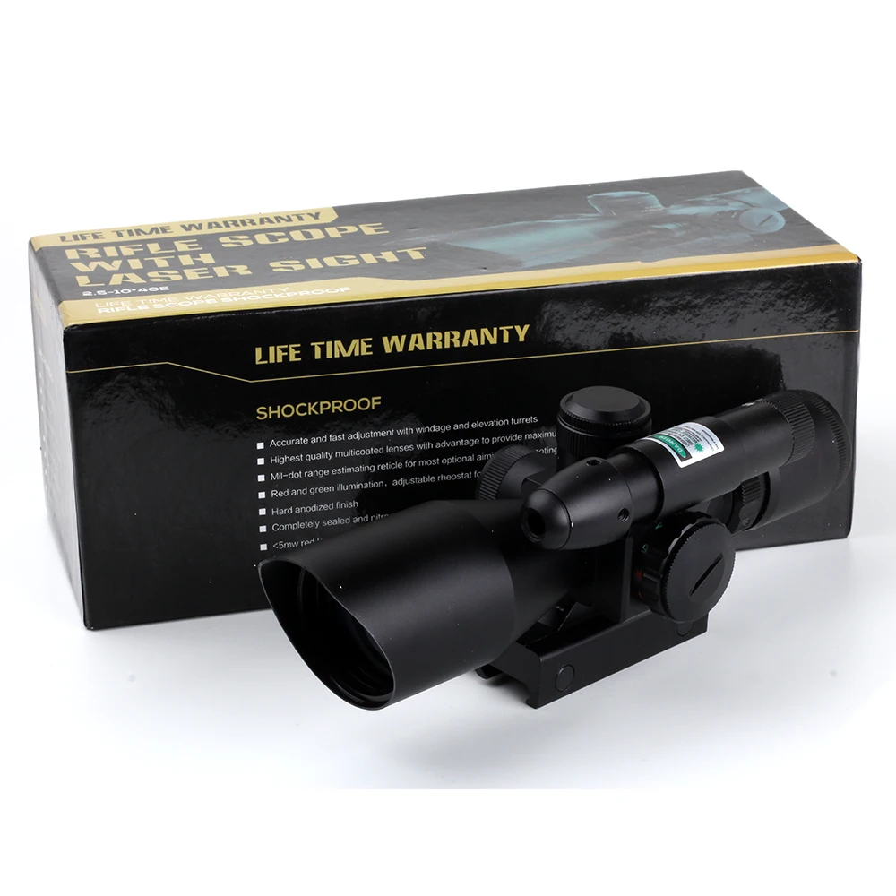 

KANDAR 2.5-10X40 Red Green Illuminate Compact Tactical Hunting Rifle Scope w/ Integrated Green Laser Sight 11mm or 20mm Mount