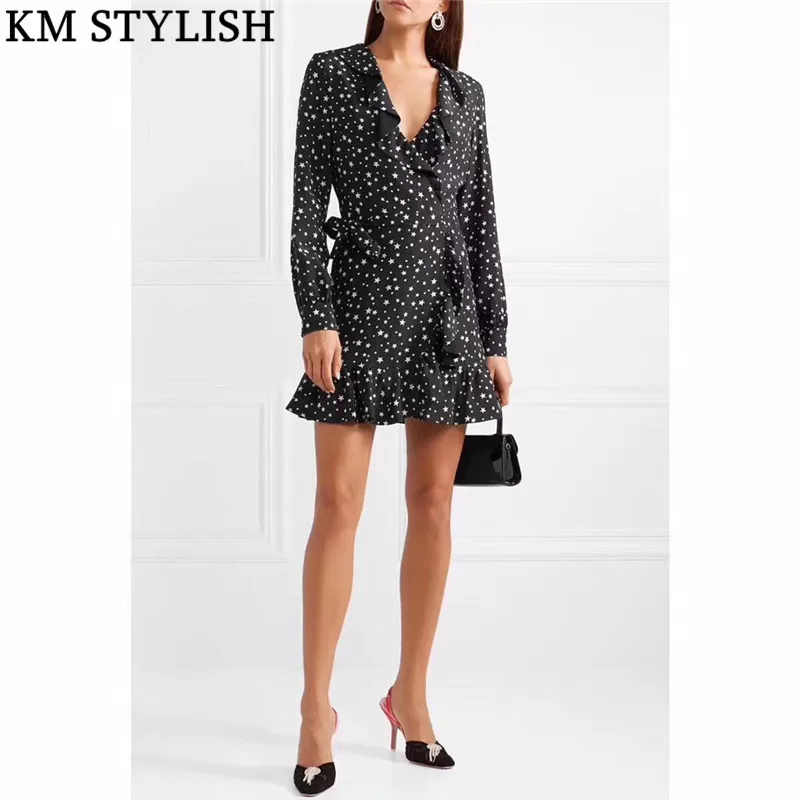 2019 Early Spring New Star Print Ruffled Women Black Dress Lotus Leaf Neckline Hem High Slim Retro One-piece Dress With Belt