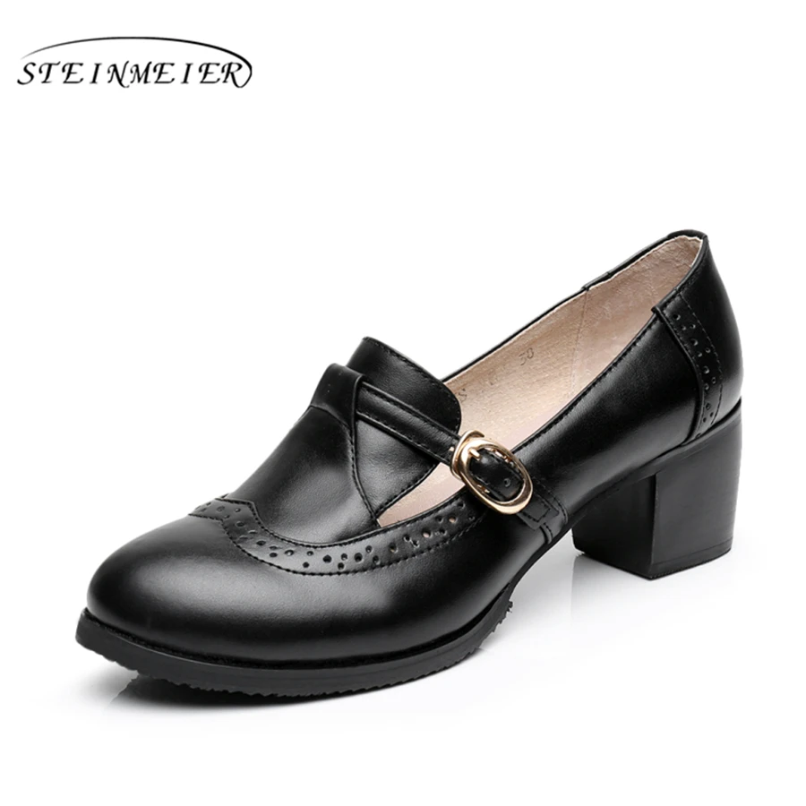 

Genuine leather big woman shoes US size 9.5 designer vintage High heels round toe handmade black blue pumps with fur