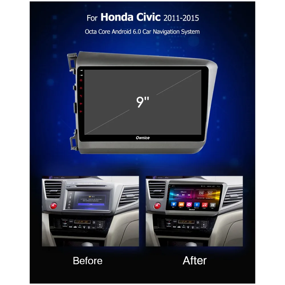 Sale 9" IPS Android 8.1 Octa 8 eight core 4GB RAM+32GB ROM Car DVD GPS Radio Player For Honda Civic 2011-2015 DSP CarPlay ADAS 1