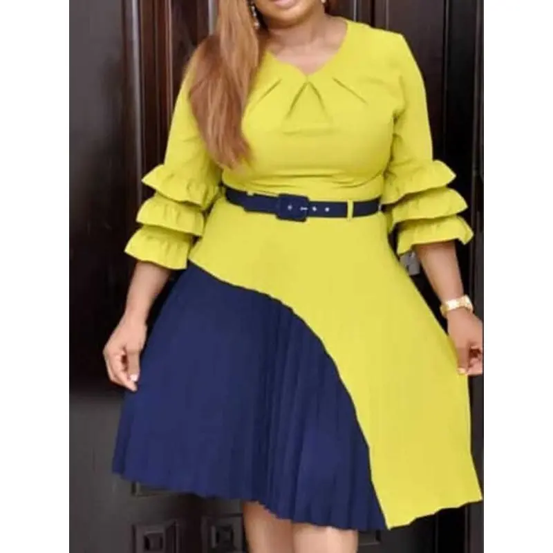 

Pleated Dress Women Ruffle Flare Sleeve Patchwork High Waist Summer Office Fashion Casual Street Elegant Pink African Dresses