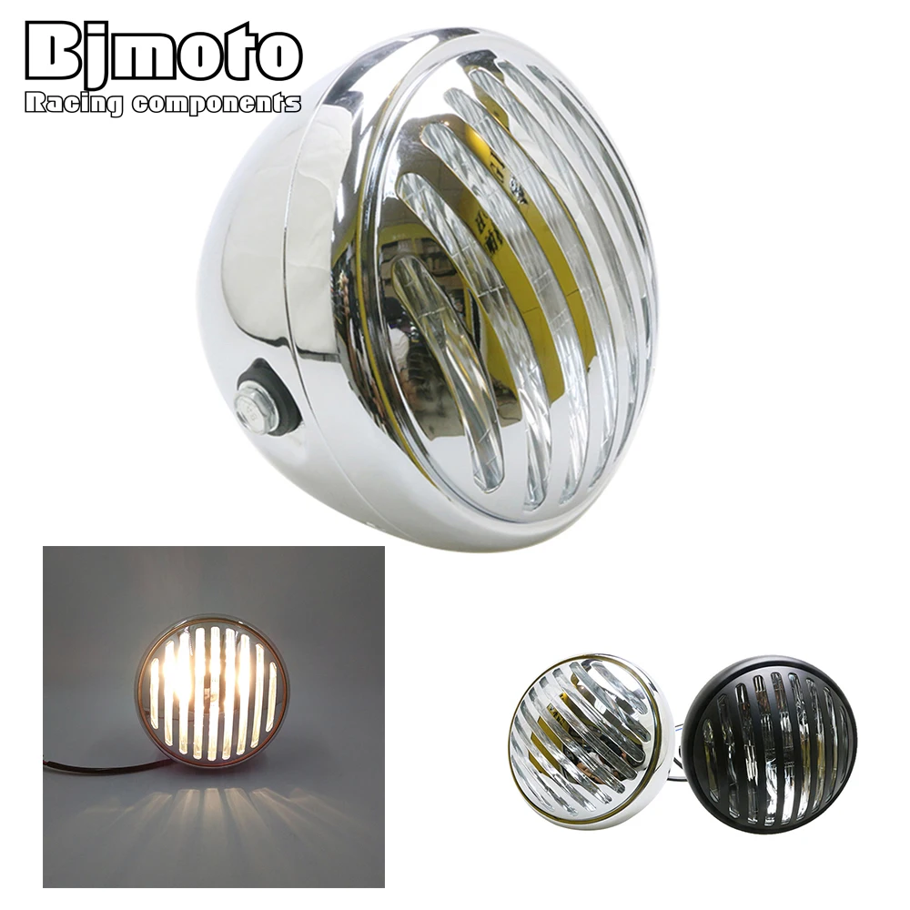 

BJMOTO 7'' Motorcycle Headlights 12V 35W H4 Light Bulb Deep Cut Grill Vintage Antique Custom Headlight Chopper Bobber for Harley