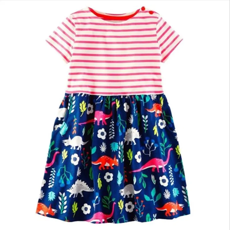 

New Summer Stripes Short Sleeve Cartoon Dinosaur Girls Dresses Baby Girls Princess Party Cotton Dress for Kids Children Clothes