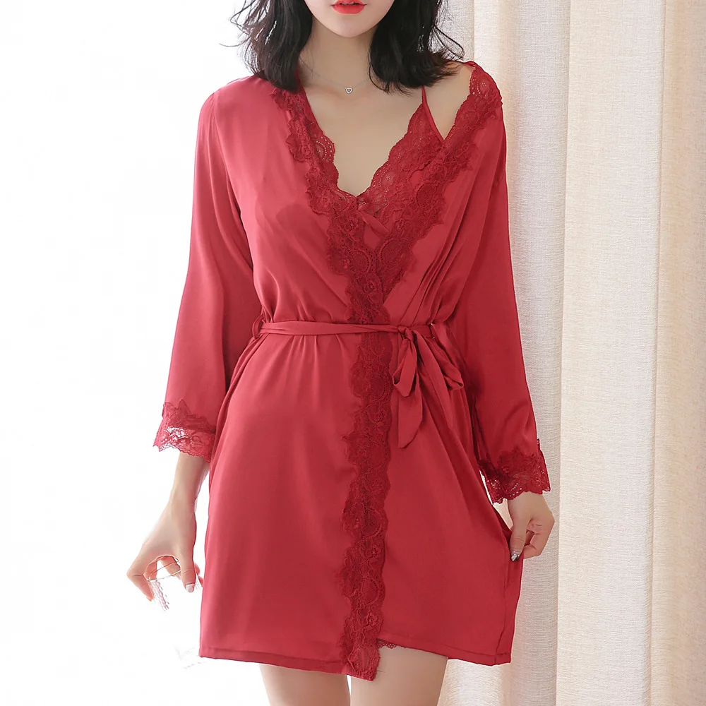 

2019new pajamas set women's lace sexy silk nightdress + nightgown two-piece pajamas long-sleeved straps temptation pijama mujer