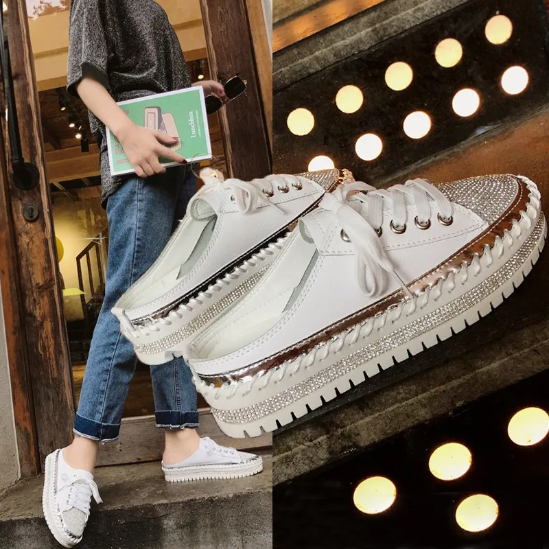 

2019 Summer New Women Slides Slippers Lace-up Crystel Rhinestone Sewing Platform Slippers Women Platform Sneakers White Sneakers