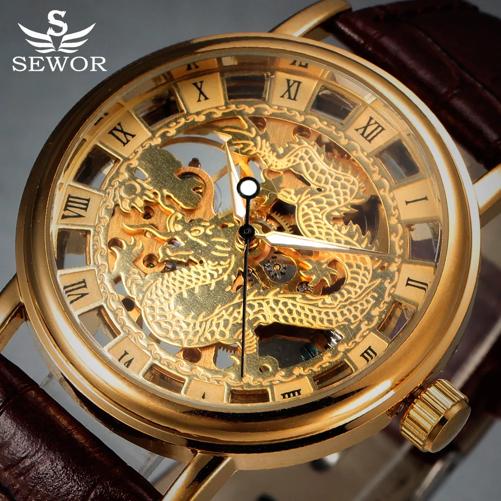 Mens Watches SEWOR Luxury Brand Gold Skeleton Mechanical Watch Men