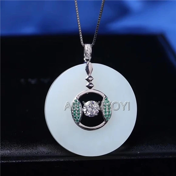 Beautiful Real 925 Silver White HeTian Jade 35mm Round Buckle Lucky Pendant + Free Necklace Fine Jewelry Certificate | Украшения и