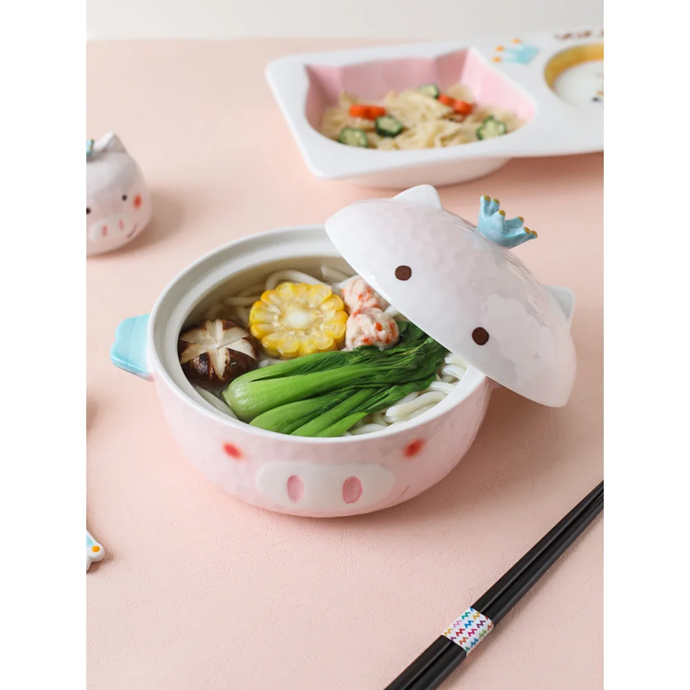ceramic noodle bowl for children cute pig cartoon lovely child kitchen tableware dinner plates pink spoon dishes and plates sets ceramic noodle bowl for children cute pig cartoon lovely child kitchen tableware dinner plates pink spoon dishes and plates sets