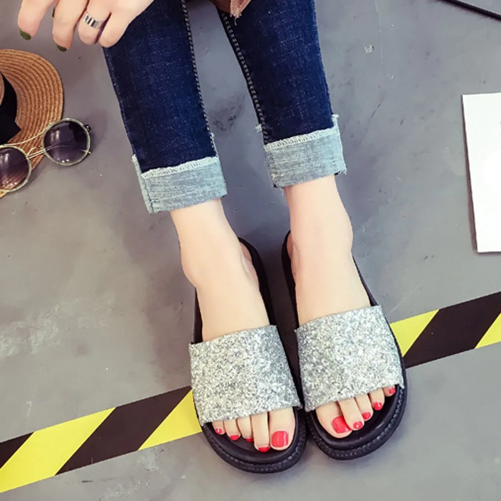 CHAMSGEND/ г. Летние новые модные сандалии с блестками удобные модные сандалии с открытым носком плоский сандалии пляж обувь - Цвет: Серебристый