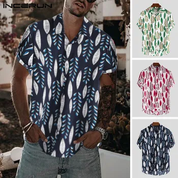 

INCERUN Hawaiian Wind Summer Men's Short Sleeve Leaf Print Street Costume Lapel 2020 Men's Shirt Loose Fashion Street Chic Shirt