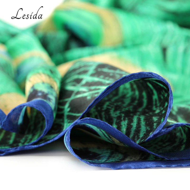Lesida Элитный бренд Для женщин зеленый шелковый платок Павлин Перо принт Шарфы для женщин большой Размеры echarpes Femme Cachecol foulards 180*90 см 3004