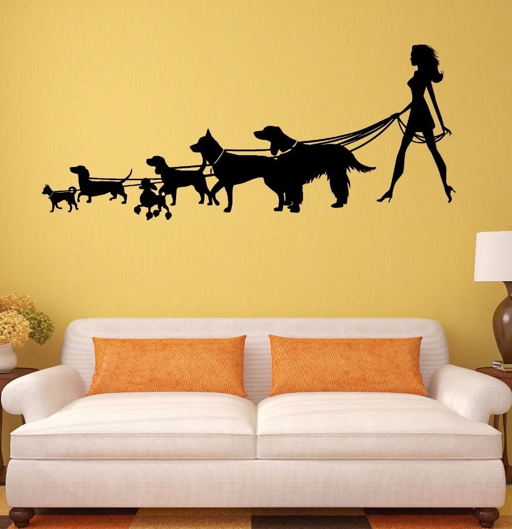New Arrived Woman Walking Dogs Silohuette Vinyl Wall Murals Home