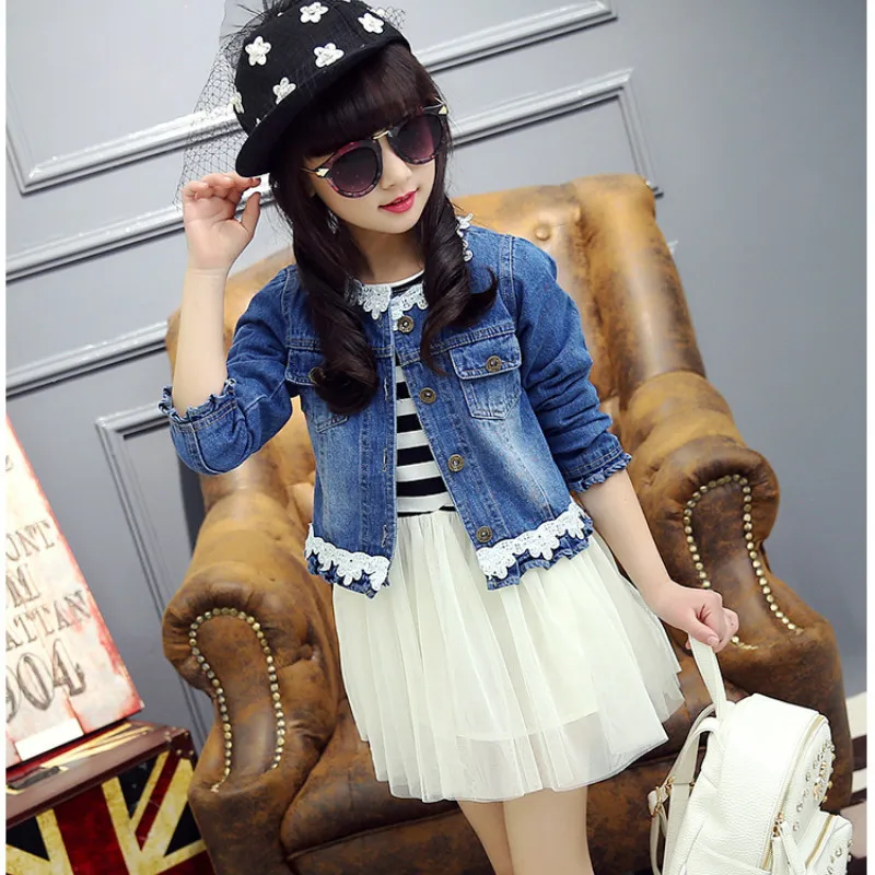 

Children Girls Clothing Set New Fashion Kids Girl Suits Long Sleeve Outerwear Denim Jacket+Striped Lace Patchwork Dress