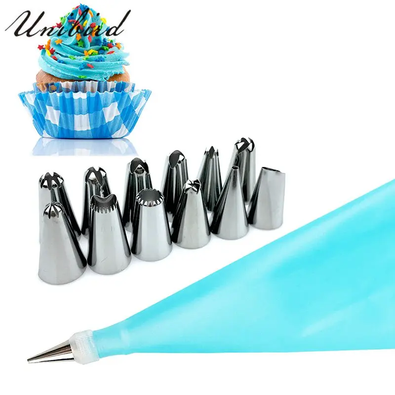 

Unibird 14Pcs/Set Cream Icing Pastry Nozzeles with Silicone Pastry Bag Tips Converter Baking Tool for Cake Decoration Piping Set